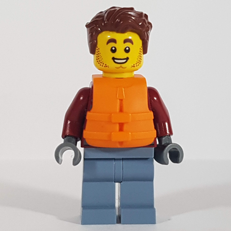 LEGO Harl Hubbs, Dark Red Jacket, Sand Blue Legs, Reddish Brown Hair, Orange Life Vest (fig-009758)