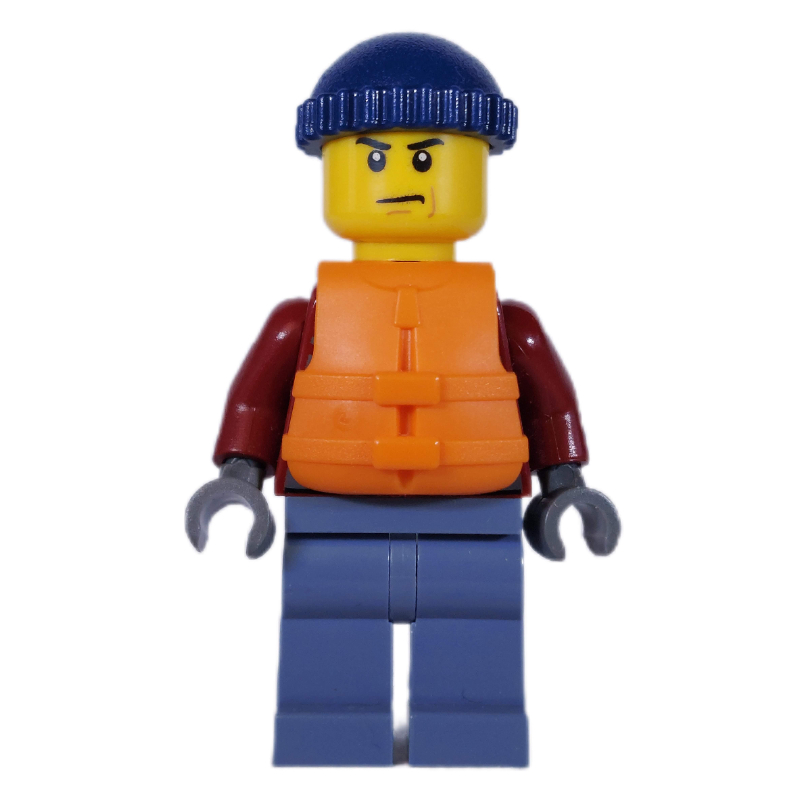 LEGO Marine Explorer, Dark Red Jacket, Sand Blue Legs, Dark Blue Hat, Orange Life Vest (fig-009759)