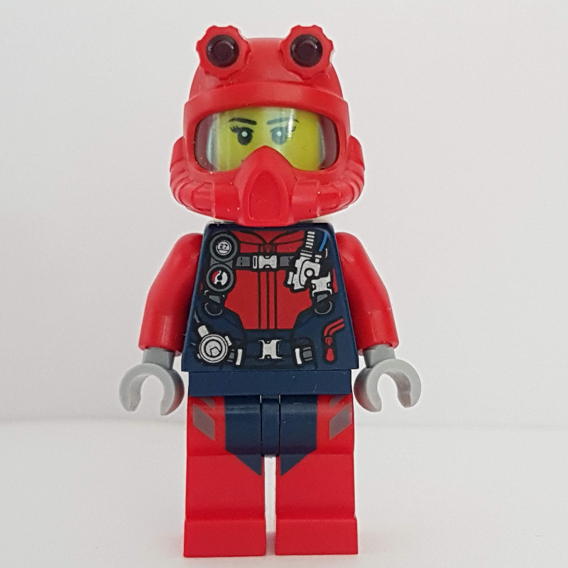 LEGO Diver, Woman, Red and Dark Blue Wetsuit with Straps and Gauges, Red Diving Helmet, Airtanks (fig-009763)