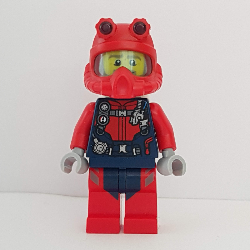 LEGO Diver, Man, Red and Dark Blue Wetsuit with Straps and Gauges, Red Diving Helmet, Airtanks, Beard (fig-009764)