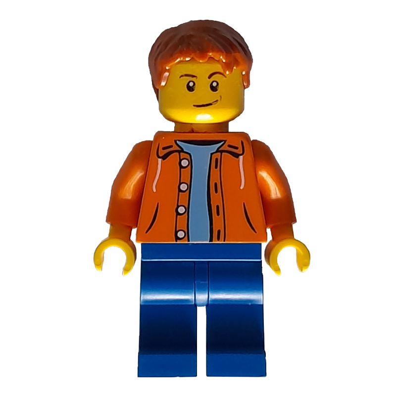 LEGO Man, Open Orange Shirt, Blue Legs, Dark Orange Hair (fig-009769)