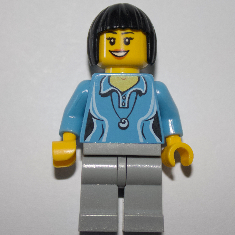 LEGO Woman, Medium Blue Polo Shirt with Necklace, Light Bluish Gray Legs, Black Hair (fig-009770)