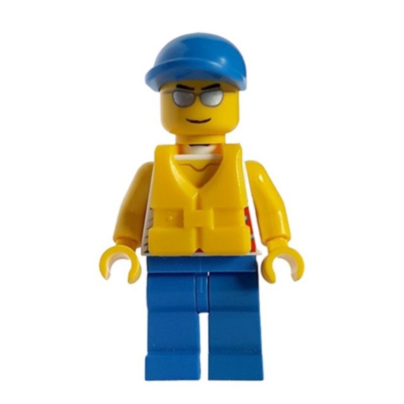 LEGO Man, White Tank Top with Windsurfer, Blue Legs, Blue Cap, Silver Sunglasses (fig-009771)