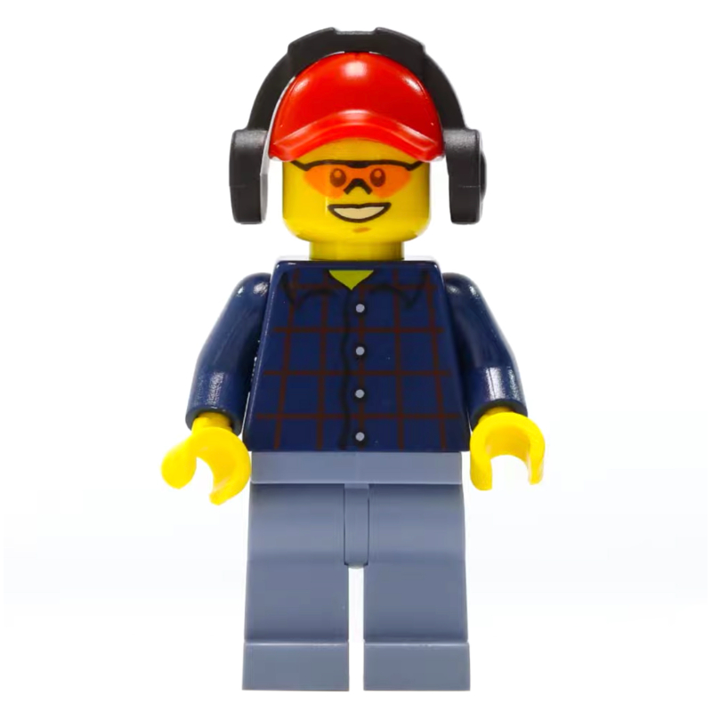 LEGO Lumberjack, Dark Blue Plaid Shirt, Sand Blue Legs, Red Cap with Ear Defenders, Orange Safety Glasses (fig-009774)