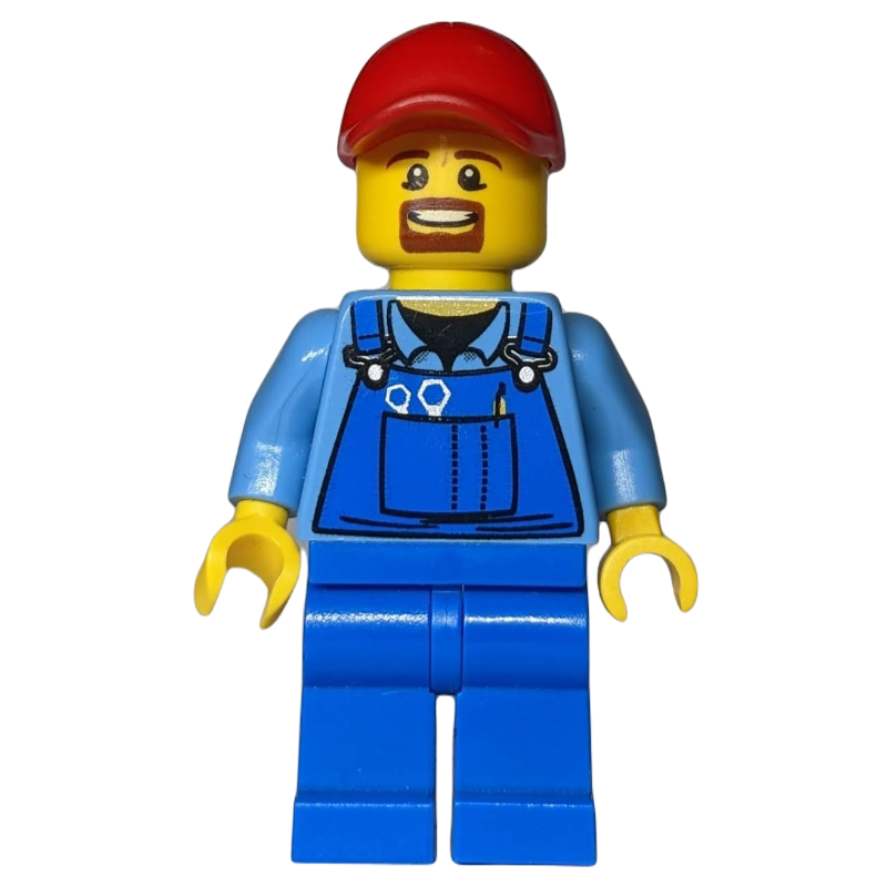 LEGO Man, Blue Overalls over Shirt, Blue Legs, Red Cap, Brown Goatee Beard (fig-009775)