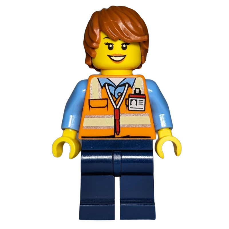 LEGO Ground Crew, Woman, Orange Safety Vest, Dark Orange Hair (fig-009776)