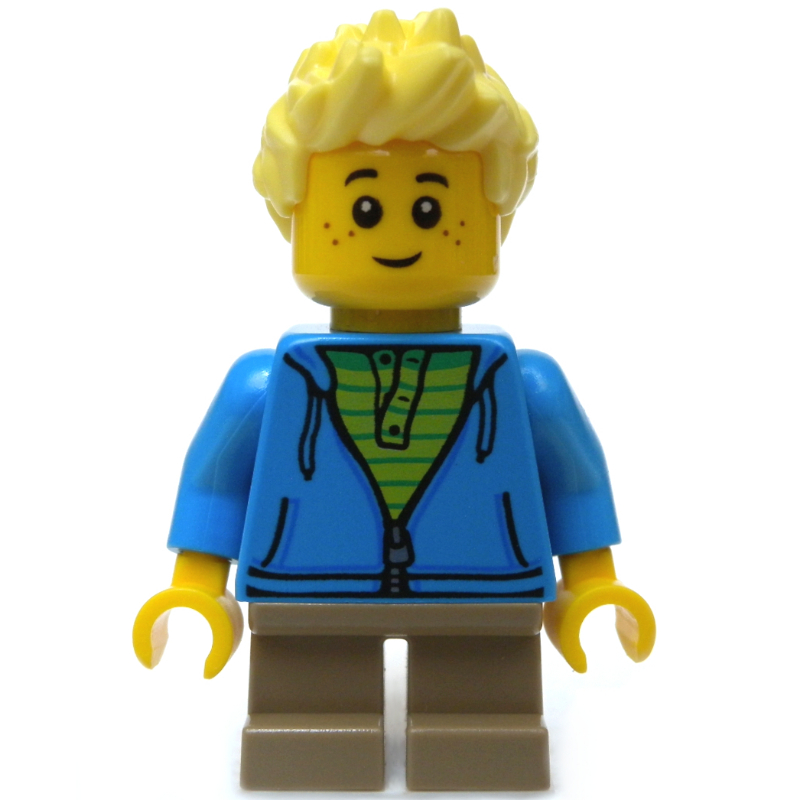 LEGO Boy, Open Dark Azure Hoodie with Zipper, Short Dark Tan Legs, Bright Light Yellow Hair (fig-009778)