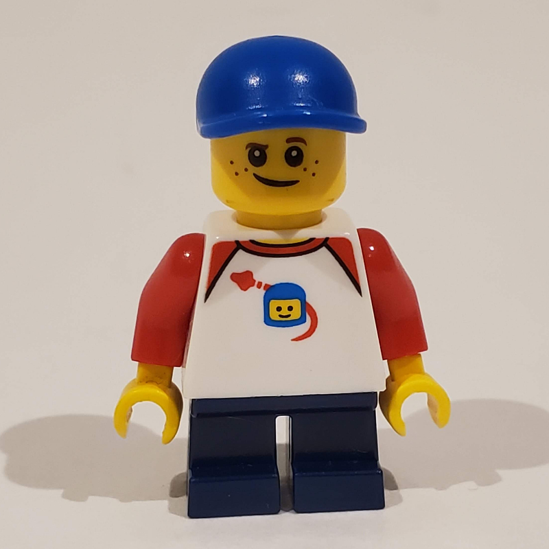 LEGO Boy, Classic Spaceman on Shirt, Short Dark Blue Legs, Blue Cap (fig-009779)