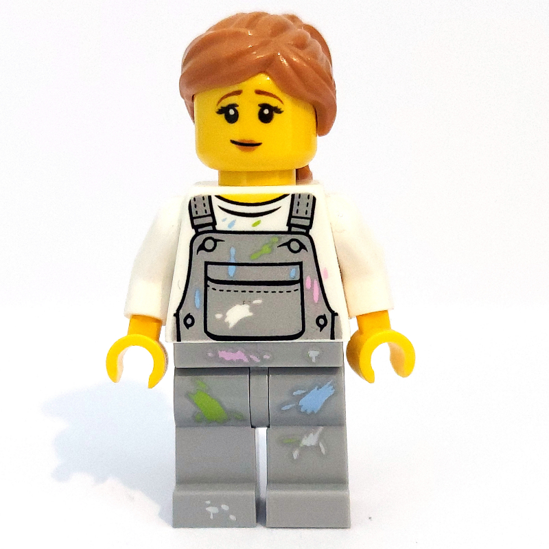 LEGO Woman, Light Bluish Gray Overalls with Paint Stains, Medium Nougat Hair (fig-009782)