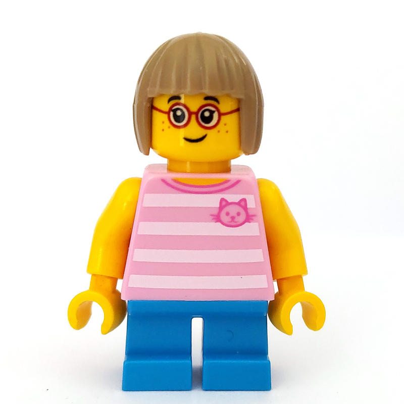 LEGO Girl, Bright Pink Striped Top with Cat Head, Short Dark Azure Legs, Dark Tan Hair, Glasses (fig-009784)