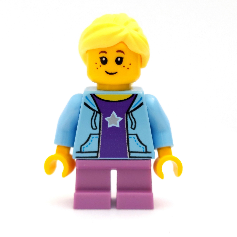 LEGO Girl, Open Bright Light Blue Hoodie over Dark Purple Shirt with Star, Short Medium Lavender Legs, Bright Light Yellow Hair (fig-009785)