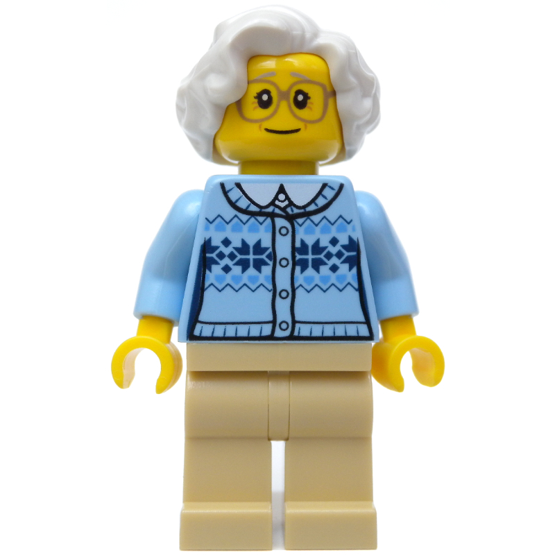 LEGO Woman, Bright Light Blue Cardigan, Tan Legs, White Hair, Glasses (fig-009788)