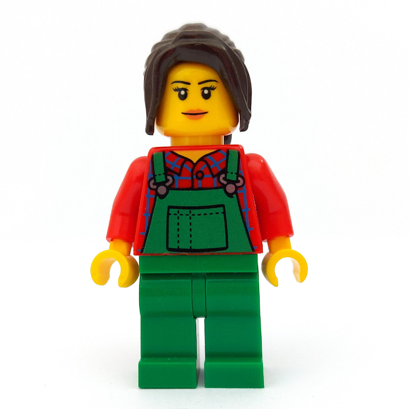 LEGO Woman, Green Overalls over Red Plaid Shirt, Dark Brown Hair (fig-009789)