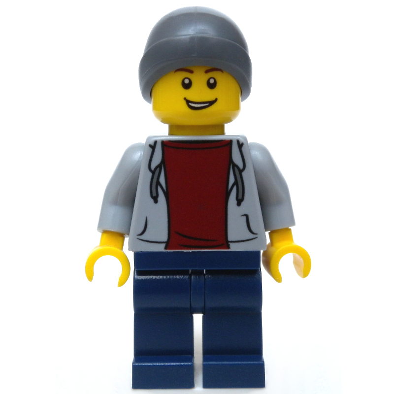 LEGO Man, Light Bluish Gray Hoodie over Dark Red Shirt, Dark Blue Legs, Beanie Hat (fig-009790)
