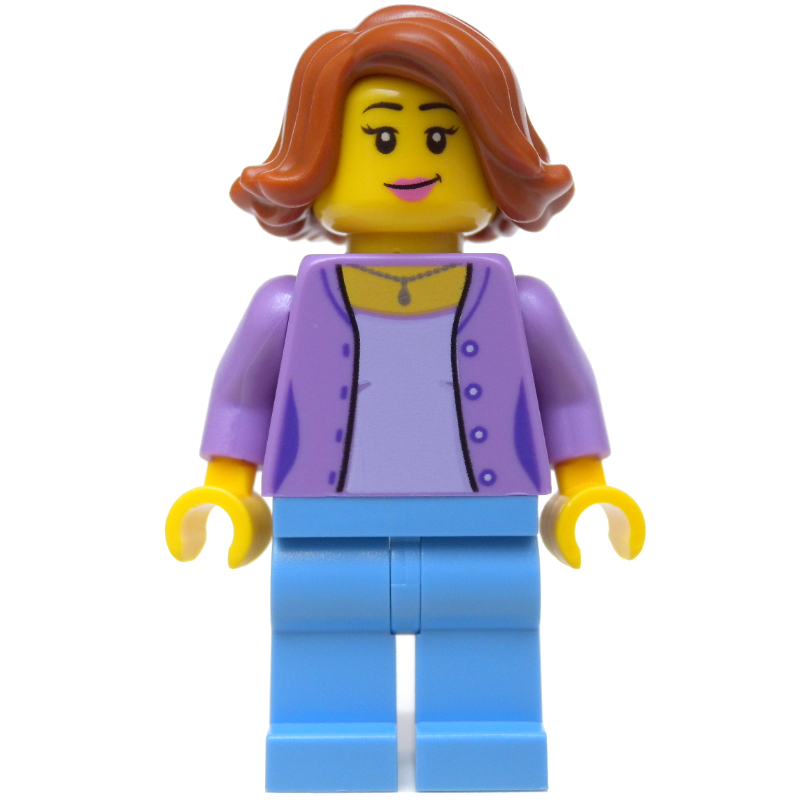LEGO Woman, Open Medium Lavender Shirt over Lavender Top, Medium Blue Legs, Dark Orange Hair (fig-009791)