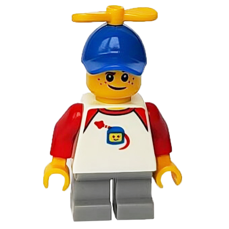 LEGO Boy, Classic Spaceman on Shirt, Short Light Bluish Gray Legs, Blue Cap with Propeller (fig-009792)