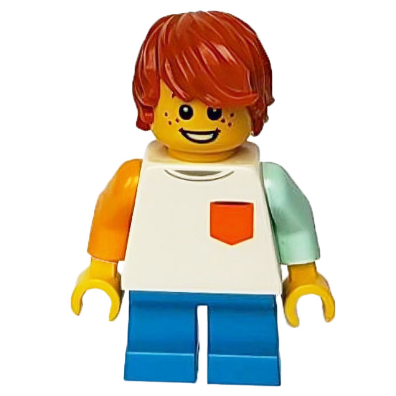 LEGO Boy, White Top, Short Dark Azure Legs, Dark Orange Hair (fig-009793)