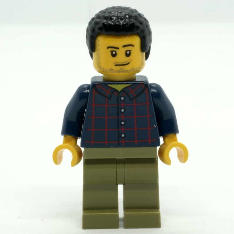 LEGO Man, Dark Blue Plaid Shirt, Olive Legs, Black Hair, Stubble (fig-009794)