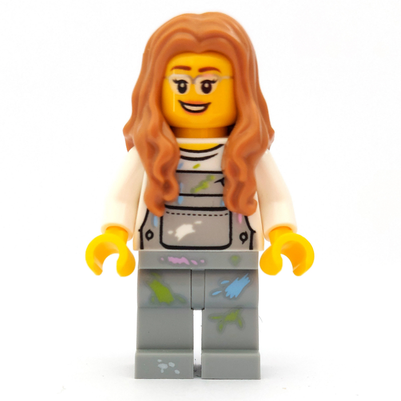 LEGO Woman, Light Bluish Gray Overalls with Paint Stains, Medium Nougat Hair, Glasses (fig-009795)