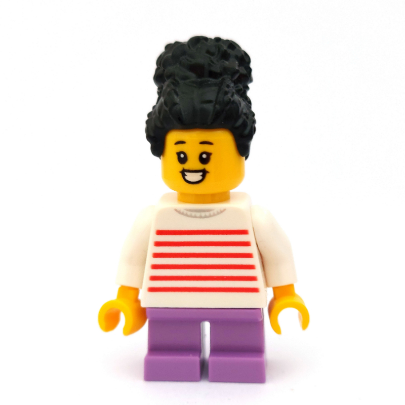 LEGO Girl, White and Red Striped Top, Short Medium Lavender Legs, Black Hair (fig-009798)