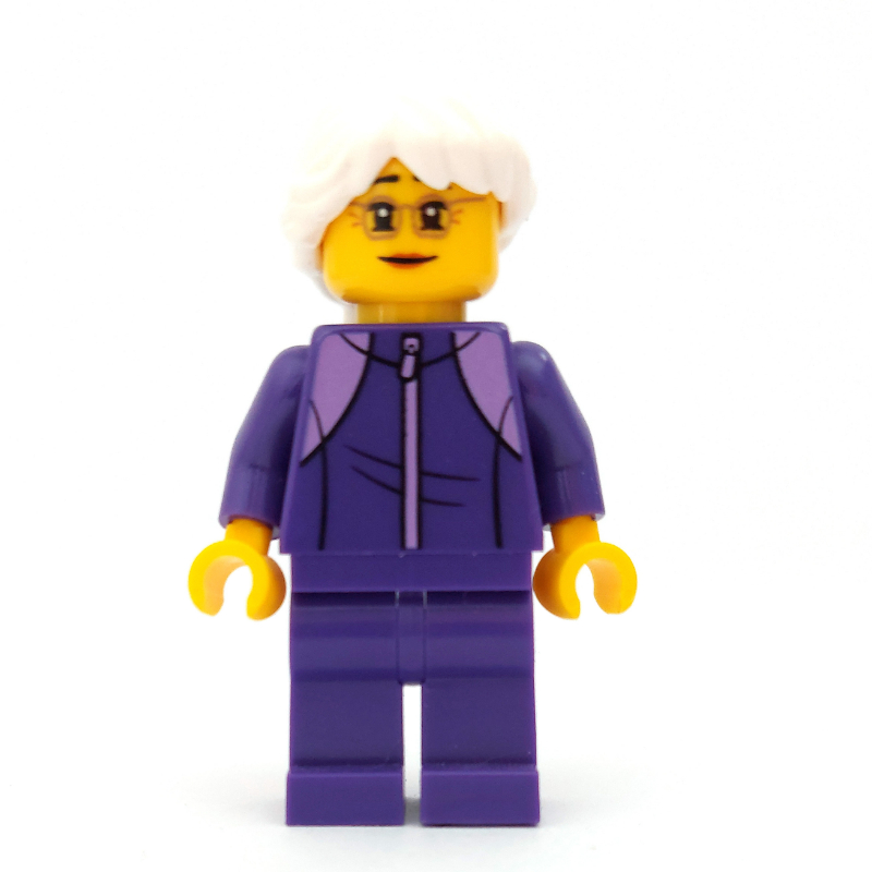LEGO Woman, Dark Purple Jogging Suit, White Hair, Small Glasses (fig-009800)