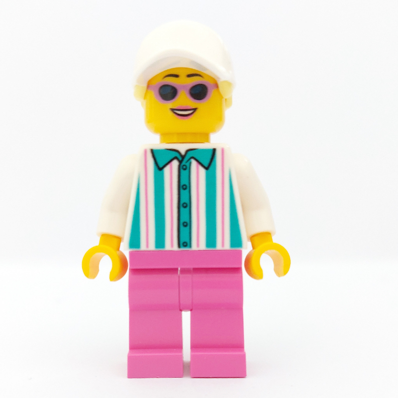 LEGO Woman, White and Dark Turquoise Striped Shirt, Dark Pink Legs, White with Hair (fig-009801)