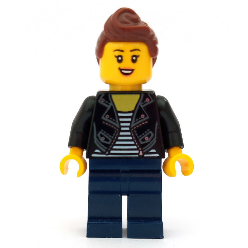 LEGO Woman, Open Black Jacket over Black and White Striped Top, Dark Blue Legs, Reddish Brown Hair (fig-009805)