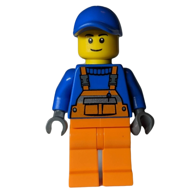 LEGO Construction Worker, Orange Overalls over Blue Sweater, Blue Cap (fig-009806)