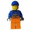 Construction Worker, Orange Overalls over Blue Sweater, Blue Cap
