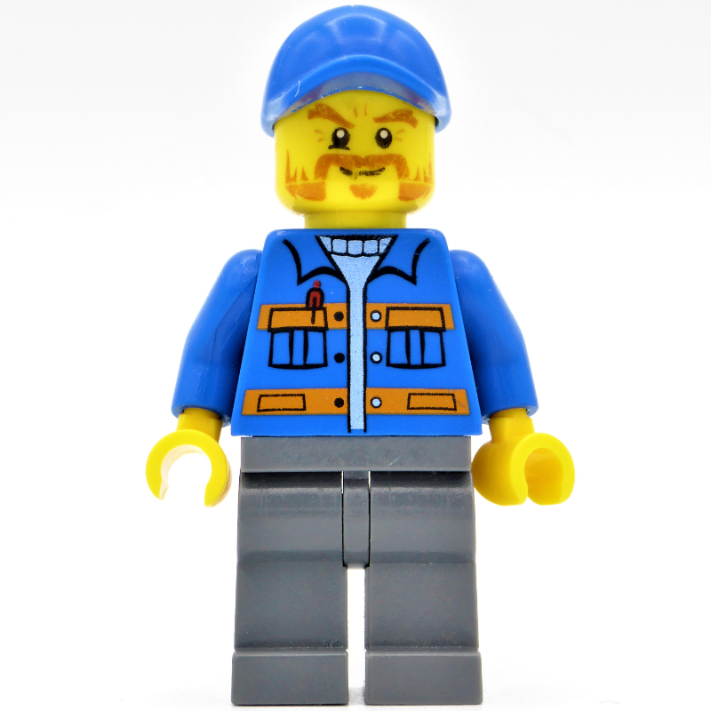LEGO Worker, Blue Jacket with Orange Stripes, Sand Blue Legs, Blue Cap, Beard (fig-009807)