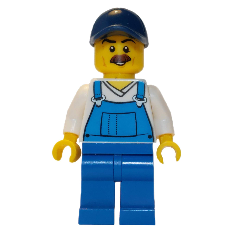 LEGO Man, Blue Overalls over White V-Neck Shirt, Dark Blue Cap, Moustache (fig-009810)