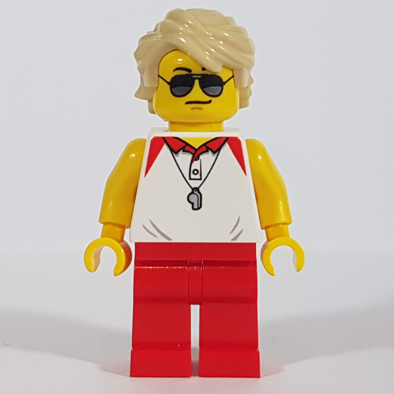 LEGO Lifeguard, White Polo Shirt with Whistle, Red Legs, Tan Hair, Sunglasses (fig-009811)