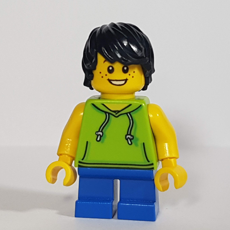 LEGO Boy, Lime Hoodie, Short Blue Legs, Black Hair (fig-009813)