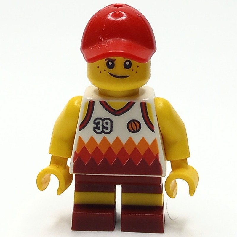 LEGO Boy, White and Dark Red Basketball Jersey with '39', Dark Red Shorts, Red Cap (fig-009814)