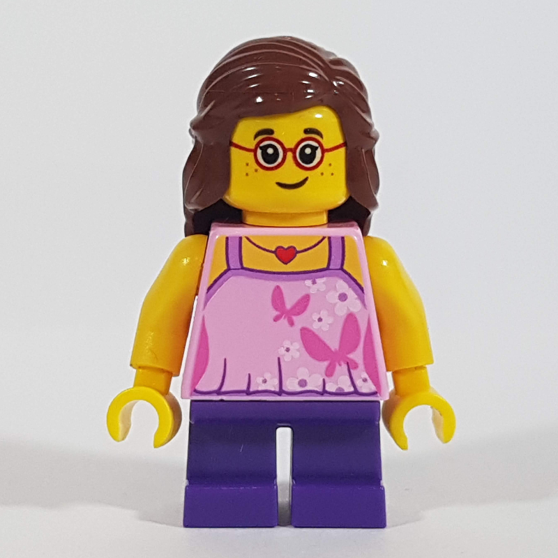 LEGO Girl, Bright Pink Top with Butterflies, Dark Purple Legs, Reddish Brown Hair, Glasses (fig-009815)