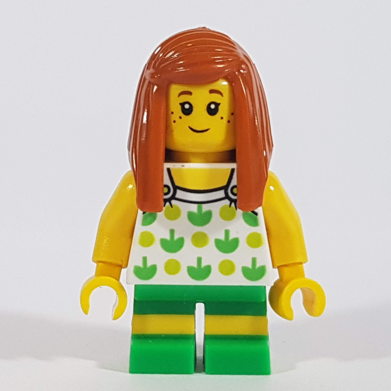 LEGO Girl, White Top with Lime and Green Pattern, Green Shorts, Dark Orange Hair (fig-009816)