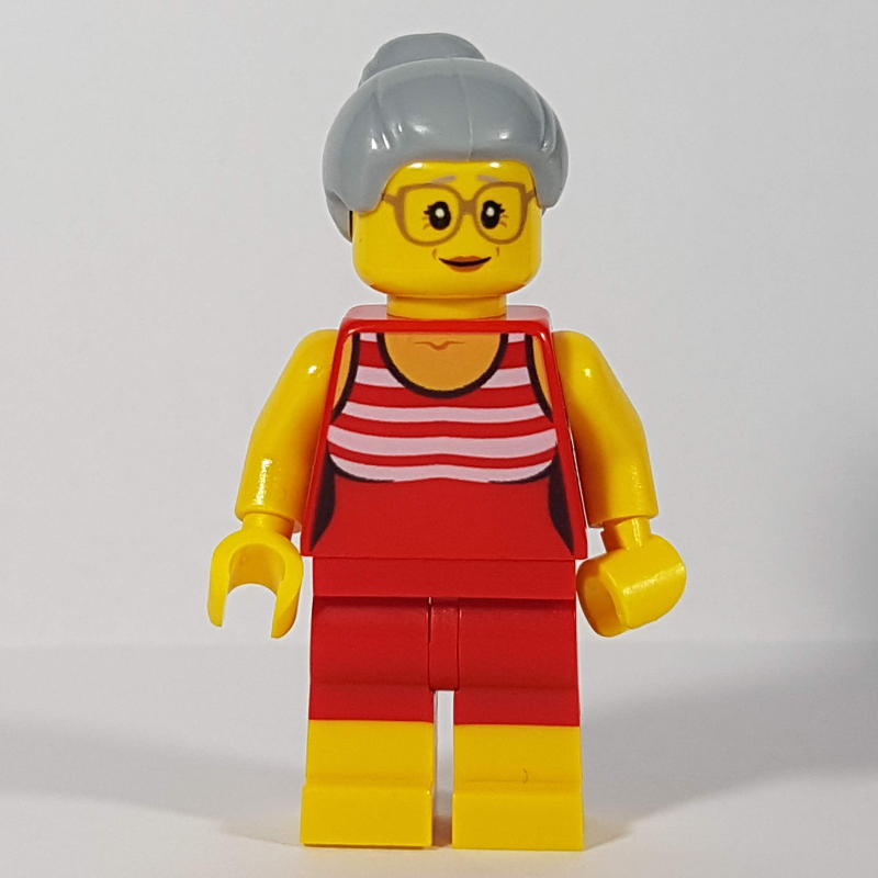 LEGO Woman, Red and White Swimsuit, Light Bluish Gray Hair, Glasses (fig-009817)