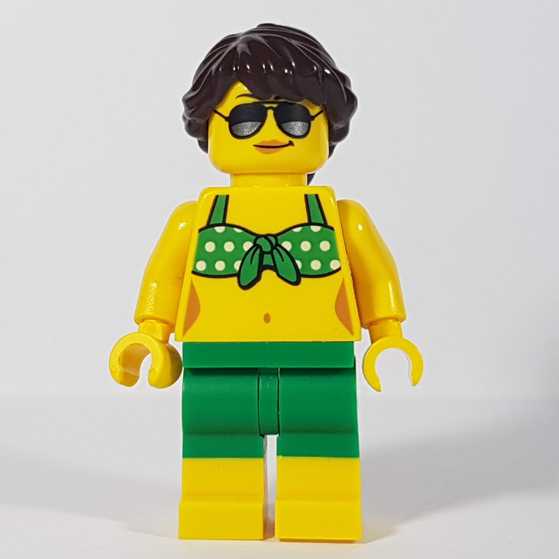 LEGO Woman, Green Bikini Top with White Spots, Green Shorts, Dark Brown Hair, Sunglasses (fig-009819)