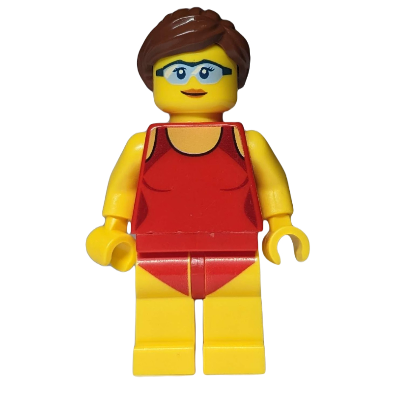 LEGO Woman, Red Swimsuit, Reddish Brown Hair, Safety Glasses (fig-009820)
