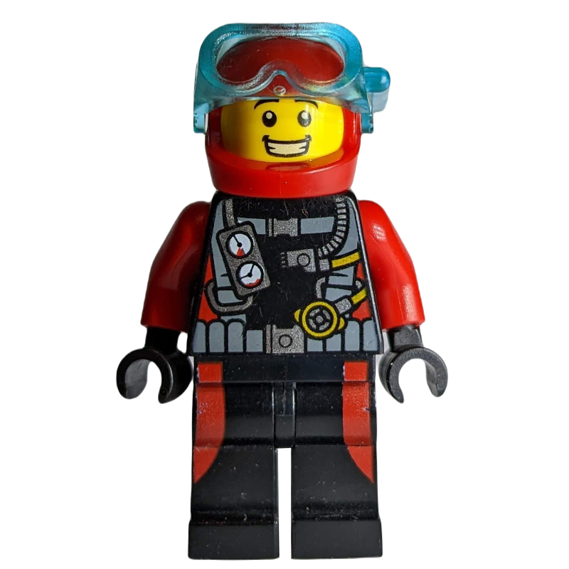 LEGO Diver, Man, Red and Black Wetsuit with Straps and Gauges, Red Helmet with Mask (fig-009821)