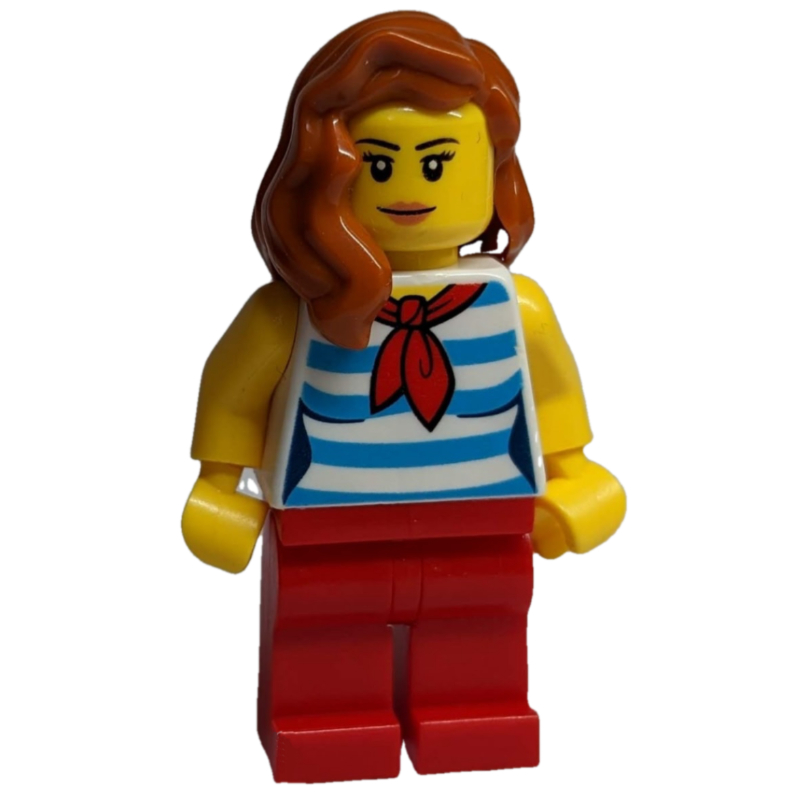 LEGO Woman, White and Dark Azure Striped Tank Top with Red Neckerchief, Red Legs, Dark Orange Hair (fig-009822)