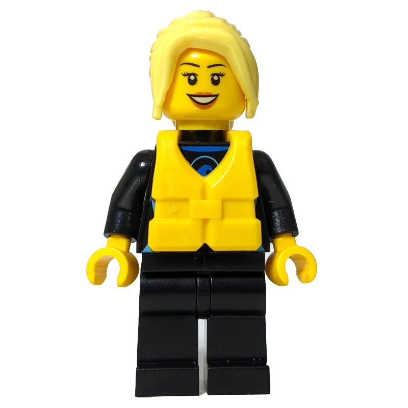 LEGO Surfer, Woman, Black Wetsuit, Bright Light Yellow Hair, Yellow Life Vest (fig-009823)
