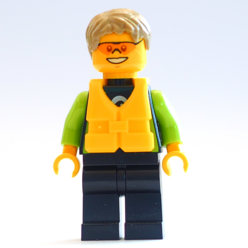 LEGO Man, Black and Lime Wetsuit, Dark Tan Hair, Yellow Life Vest, Orange Safety Glasses (fig-009824)