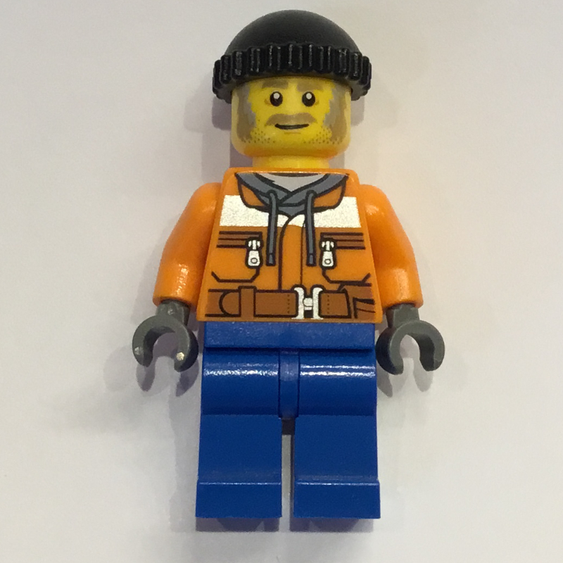 LEGO Worker, Orange Safety Jacket over Hoodie, Blue Legs, Black Hat, Moustache (fig-009826)