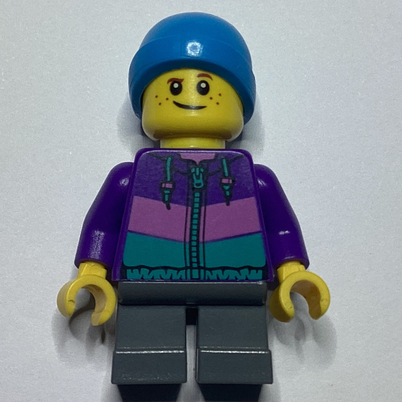 LEGO Boy, Dark Purple Jacket, Short Dark Bluish Gray Legs, Dark Azure Beanie Hat (fig-009827)