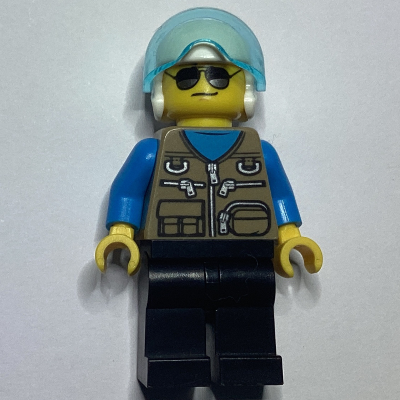 LEGO Pilot, Dark Tan Vest with Zippers and Pouches, Black Legs, White Helmet with Visor, Sunglasses (fig-009828)