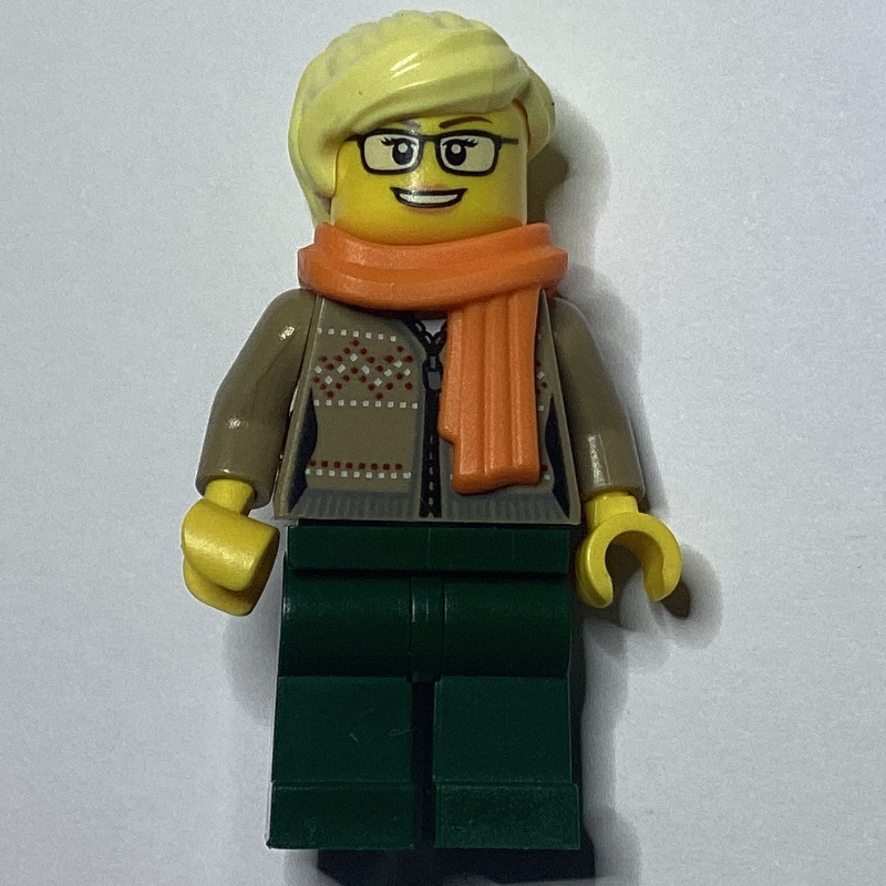 LEGO Woman, Dark Tan Cardigan with Zipper, Dark Green Legs, Bright Light Yellow Hair, Glasses (fig-009829)