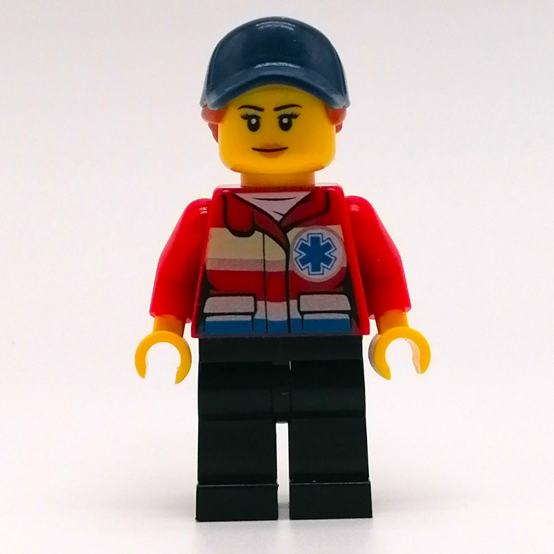 LEGO Paramedic, Woman, Red Jacket with Star of Life, Dark Blue Cap with Hair (fig-009830)