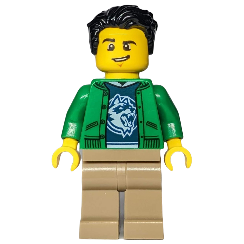 LEGO Man, Open Green Jacket, Dark Tan Legs, Black Hair (fig-009831)