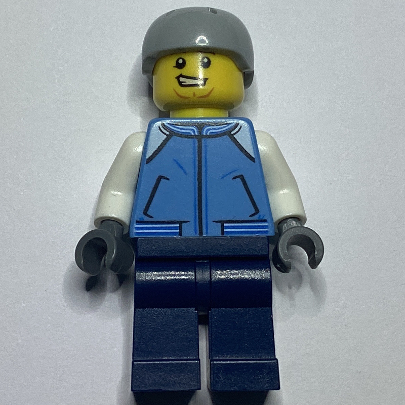 LEGO Man, Bright Light Blue Letterman Jacket, Dark Blue Legs, Light Bluish Gray Helmet (fig-009832)